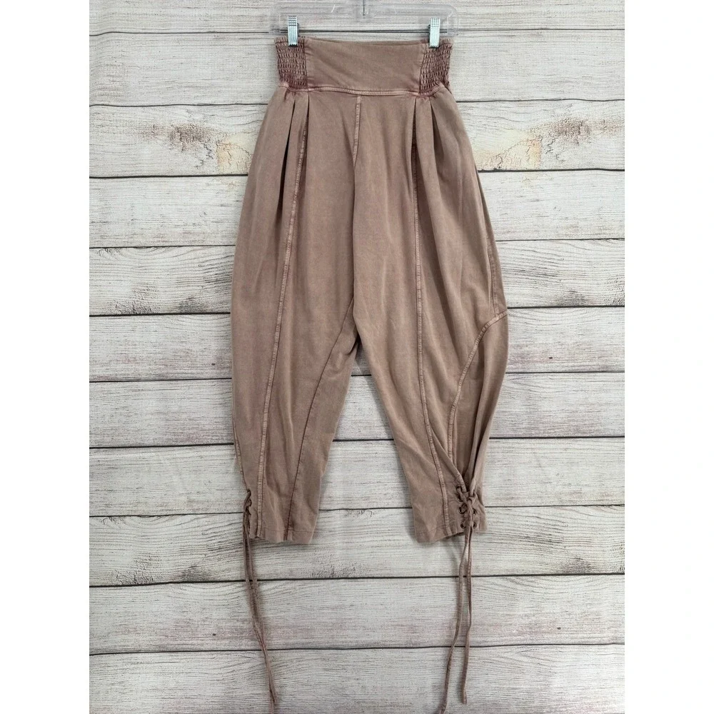 Free People FP One Adella Harem Pants Women 26 Mauve Smocked Lace Up Ankle